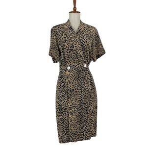 Vintage Silk Leopard Print Short Sleeve‎ Dress Women’s 6 Petite Knee Length